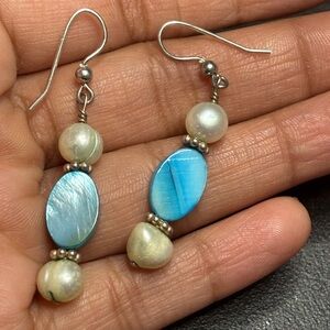 925 Sterling Blue MOP and FRESHWATER PEARLS Dangle Earrings